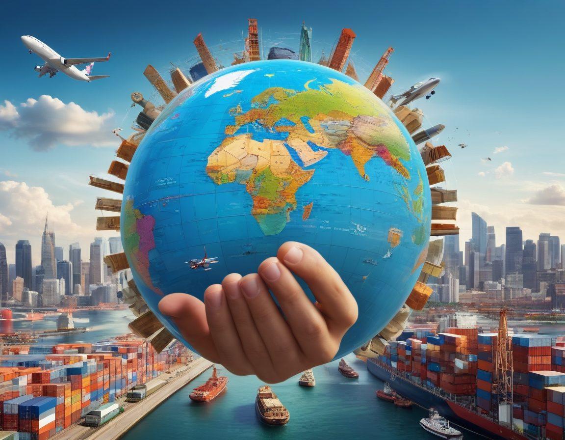 A dynamic globe surrounded by diverse symbols of trade such as cargo ships, airplanes, and currency exchange signs, all interlinked by bold arrows representing global logistics. The background showcases a vibrant city skyline symbolizing growth and opportunity. Incorporate images of hands shaking over a contract to represent trade agreements. The color scheme should be bright and engaging, symbolizing optimism and expansion. super-realistic. vibrant colors. global theme.