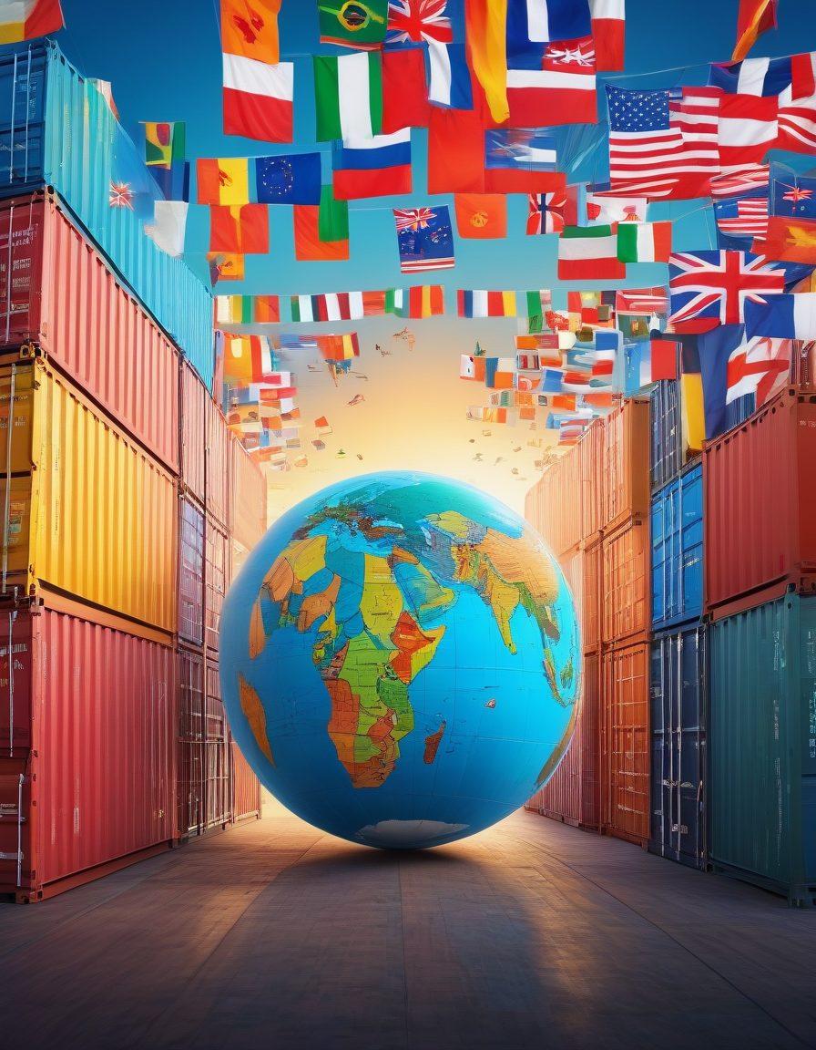 A bustling international trade market scene with diverse traders engaged in discussions, surrounded by flags of various nations and products from different cultures. Incorporate visual elements such as shipping containers, a globe highlighting global trade routes, and financial graphs depicting market growth. The atmosphere should be dynamic and optimistic, symbolizing economic development and opportunity. vibrant colors. super-realistic.