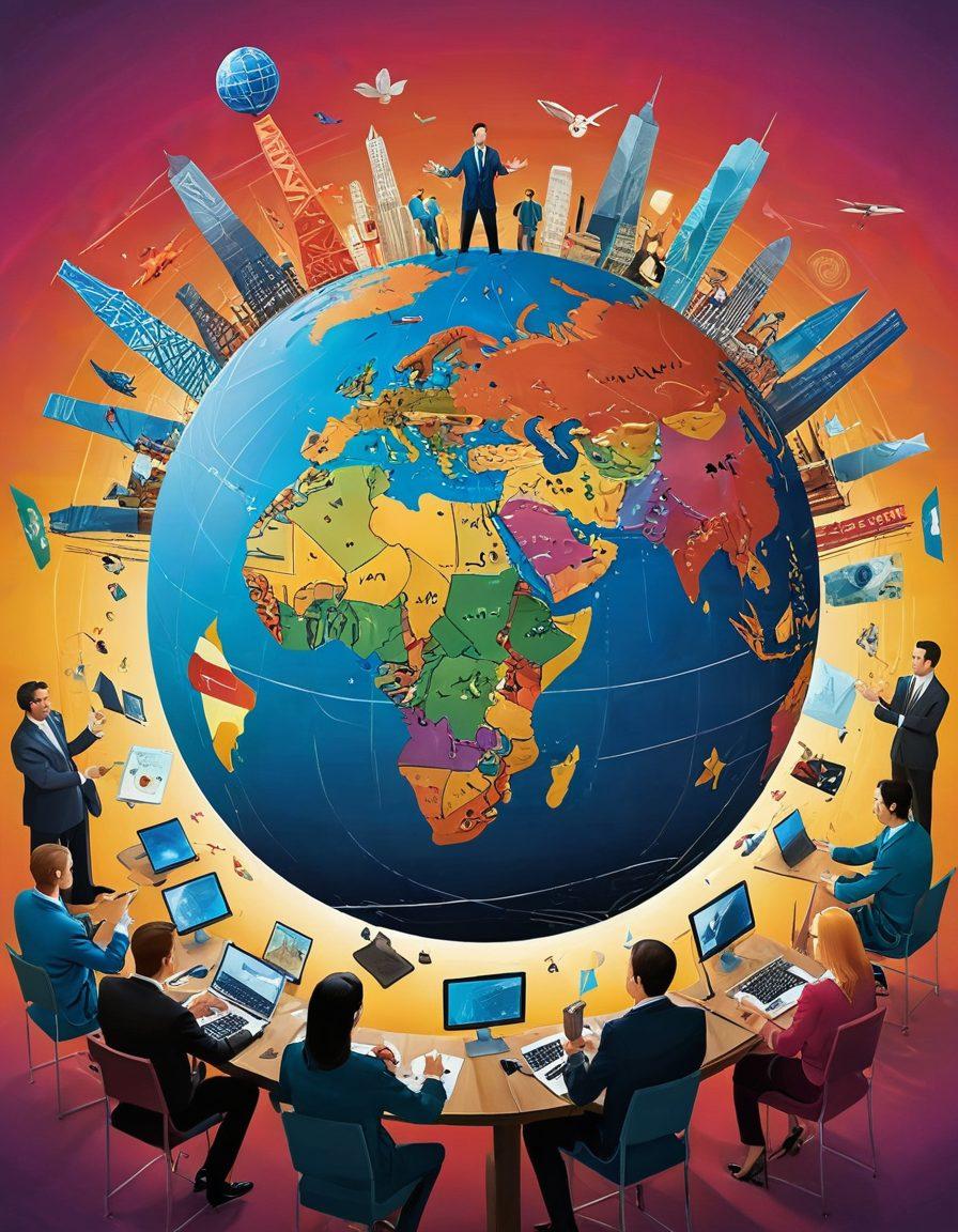 A dynamic globe surrounded by diverse business professionals engaging in dialogue, each representing different cultures and countries. Incorporate elements of trade such as shipping crates, currency symbols, and digital graphs radiating from the globe, symbolizing connectivity. Use vibrant colors to emphasize energy and opportunity in international trade. surrealistic art style.